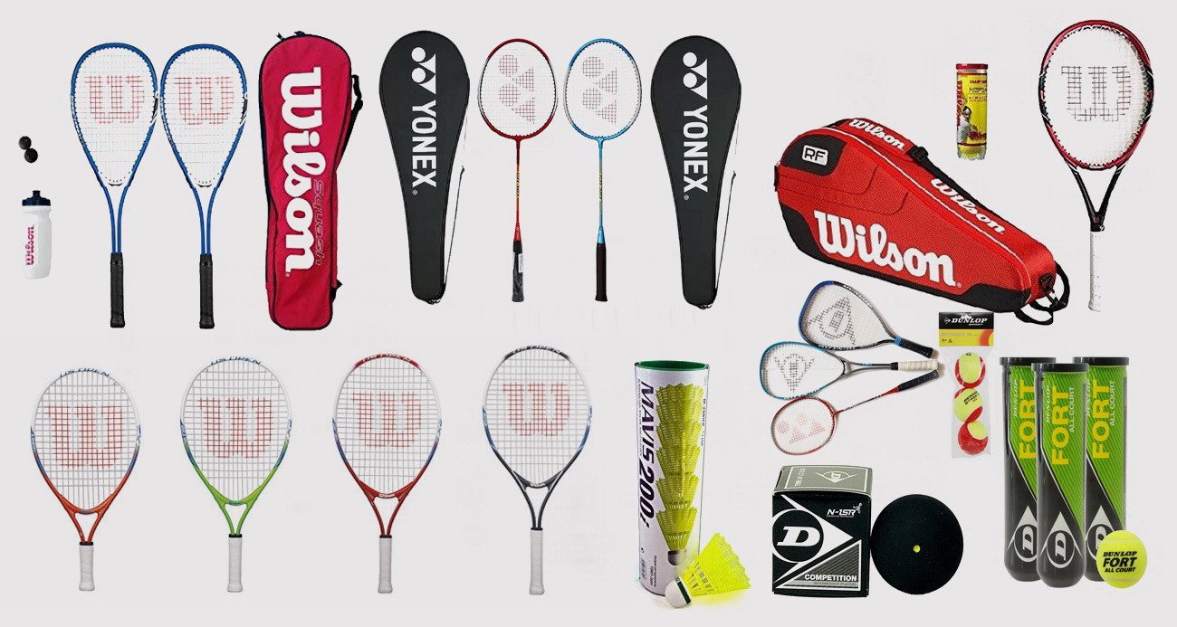 Wilson, Yonex and Dunlop rackets, balls and sports accessories